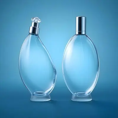 3d Model Two Perfume Bottles With Silver Caps One Tilted Filled With Clear Liquid On A Gradient Blue Background Figure Octane Render Volumetric Highly Detailed Videogame Aesthetic 8 55cc