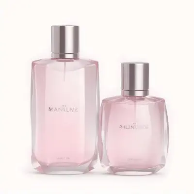 3d Model Two Pink Perfume Bottles With Silver Caps One Large And One Small On A Light Pink Background Minimalist Design Soft Lighting Elegant Presentation Figure Octane Render Volumetric Highly Detailed Videogam 14 Dc0b