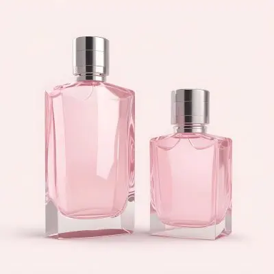 3d Model Two Pink Perfume Bottles With Silver Caps One Large And One Small On A Light Pink Background Minimalist Design Soft Lighting Elegant Presentation Figure Octane Render Volumetric Highly Detailed Videogam 22 58da
