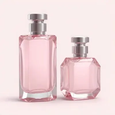 3d Model Two Pink Perfume Bottles With Silver Caps One Large And One Small On A Light Pink Background Minimalist Design Soft Lighting Elegant Presentation Figure Octane Render Volumetric Highly Detailed Videogam 27 1925