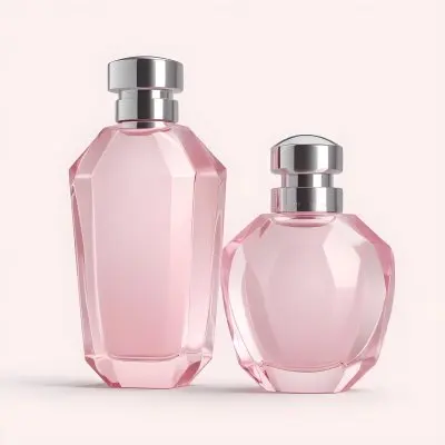 3d Model Two Pink Perfume Bottles With Silver Caps One Large And One Small On A Light Pink Background Minimalist Design Soft Lighting Elegant Presentation Figure Octane Render Volumetric Highly Detailed Videogam 34 A4ba