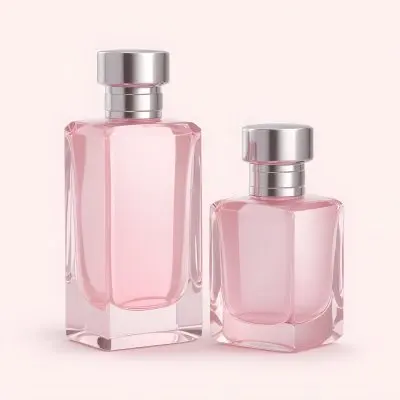 3d Model Two Pink Perfume Bottles With Silver Caps One Large And One Small On A Light Pink Background Minimalist Design Soft Lighting Elegant Presentation Figure Octane Render Volumetric Highly Detailed Videogam 39 E6d6