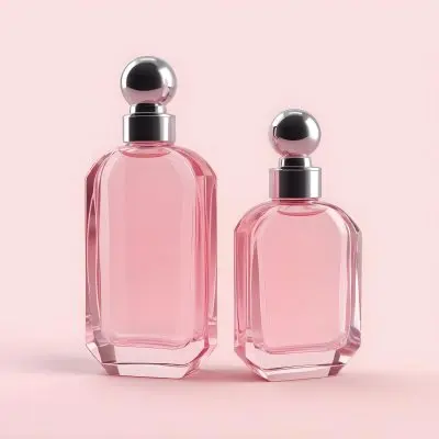 3d Model Two Pink Perfume Bottles With Silver Caps One Large And One Small On A Light Pink Background Minimalist Design Soft Lighting Elegant Presentation Figure Octane Render Volumetric Highly Detailed Videogam 43 434c