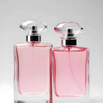 3d Model Two Pink Perfume Bottles With Silver Caps One Large And One Small On A Light Pink Background Minimalist Design Soft Lighting Elegant Presentation Figure Octane Render Volumetric Highly Detailed Videogam 5 6395