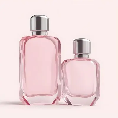 3d Model Two Pink Perfume Bottles With Silver Caps One Large And One Small On A Light Pink Background Minimalist Design Soft Lighting Elegant Presentation Figure Octane Render Volumetric Highly Detailed Videogam 6 497d