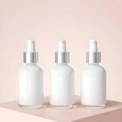 3d Model White Cosmetic Bottles With Silver Caps And Droppers Arranged On A White Platform Soft White Background Minimalist Design Clean Presentation Product Showcase Figure Octane Render Volumetric Highly Detai 14 0518