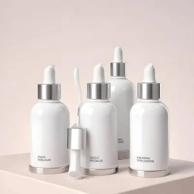 3d Model White Cosmetic Bottles With Silver Caps And Droppers Arranged On A White Platform Soft White Background Minimalist Design Clean Presentation Product Showcase Figure Octane Render Volumetric Highly Detai 17 912e