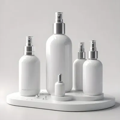 3d Model White Cosmetic Bottles With Silver Caps And Droppers Arranged On A White Platform Soft White Background Minimalist Design Clean Presentation Product Showcase Figure Octane Render Volumetric Highly Detai 19 E60a