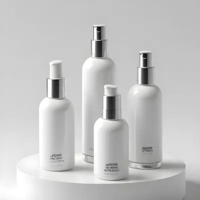 3d Model White Cosmetic Bottles With Silver Caps And Droppers Arranged On A White Platform Soft White Background Minimalist Design Clean Presentation Product Showcase Figure Octane Render Volumetric Highly Detai 22 44dd