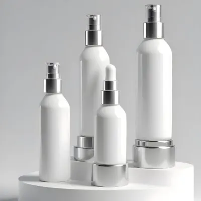 3d Model White Cosmetic Bottles With Silver Caps And Droppers Arranged On A White Platform Soft White Background Minimalist Design Clean Presentation Product Showcase Figure Octane Render Volumetric Highly Detai 30 078e