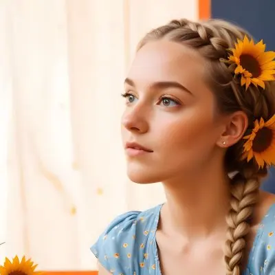 A 20 Year Old White Woman With A Braided Hair Decorated With Sunflowers Wearing A Blue Dress In A Orange Background With Orange Spots 10 317c