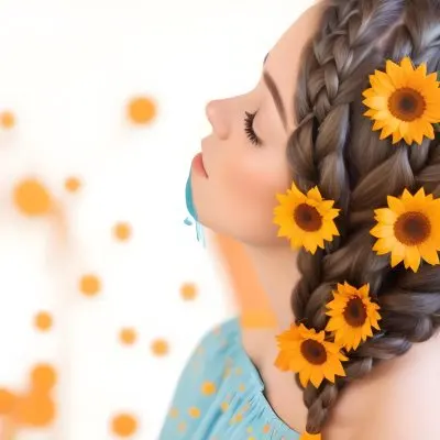 A 20 Year Old White Woman With A Braided Hair Decorated With Sunflowers Wearing A Blue Dress In A Orange Background With Orange Spots 33 95ac