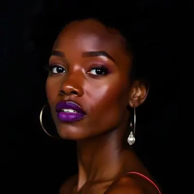 A 22 Year Old Black Woman With Afro Hair And Purple Lipstick And Earrings In A Black Background 49 7345