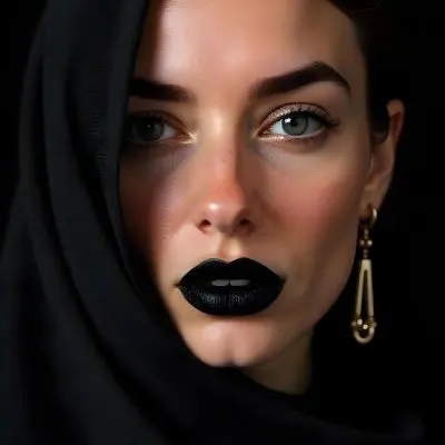 A 22 Year Old Caucasian Woman With Black Lips And Golden Earrings Partially Covered By A Black Cloth In A Black Background 14 A4c3