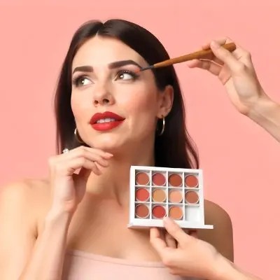 A 22 Year Old Caucasian Woman With Pink Lips And Red Hair Being Makeuped Makeup Palette In The Foreground Red Background 12 3311