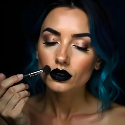 A 22 Year Old Hispanic Woman With Blue Hair Applying Makeup With A Brush Black Lipstick Closed Eyes In A Black Background 1 0e3c