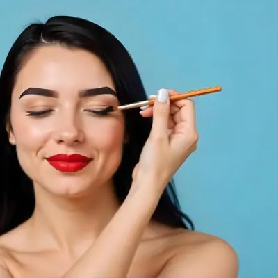 A 22 Year Old Hispanic Woman With Blue Hair Applying Makeup With A Brush Black Lipstick Closed Eyes In A Black Background 23 9466