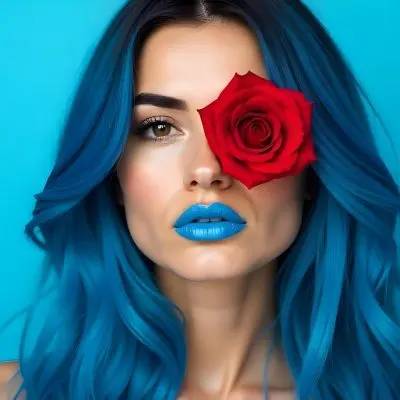 A 22 Year Old Hispanic Woman With Long Blue Hair Applying Blue Lipstick With A Red Rose Covering Her Eye In A Light Blue Background 1 4dd3