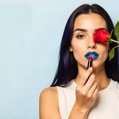 A 22 Year Old Hispanic Woman With Long Blue Hair Applying Blue Lipstick With A Red Rose Covering Her Eye In A Light Blue Background 17 A47a