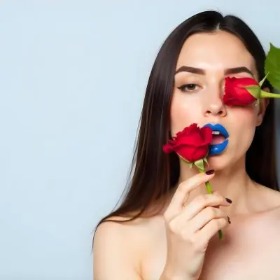 A 22 Year Old Hispanic Woman With Long Blue Hair Applying Blue Lipstick With A Red Rose Covering Her Eye In A Light Blue Background 4 Fe4a