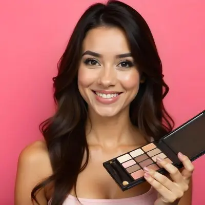 A 22 Year Old Indian Woman With Long Brown Hair Holding A Makeup Palette With A Brush In Front Of A Pink Background 5 Fded