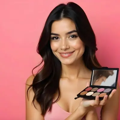 A 22 Year Old Indian Woman With Long Brown Hair Holding A Makeup Palette With A Brush In Front Of A Pink Background 9 5872