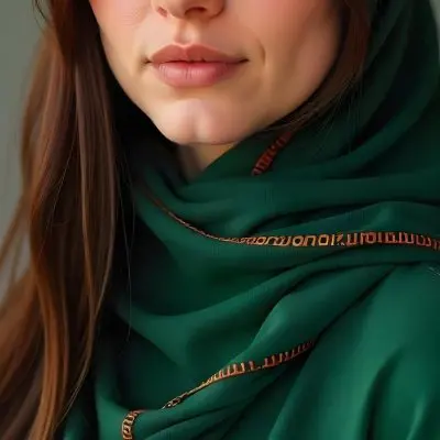 A 22 Year Old Middle Eastern Woman With Brown Hair Wearing A Green Hijab With Orange Edges Neutral Background 17 Ae39