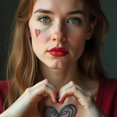 A 22 Year Old White Woman With Red Lips And Heart Tattoos On Her Face Making A Heart With Her Hands Studio Background 17 E9a8