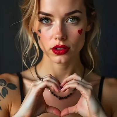 A 22 Year Old White Woman With Red Lips And Heart Tattoos On Her Face Making A Heart With Her Hands Studio Background 18 C5f0