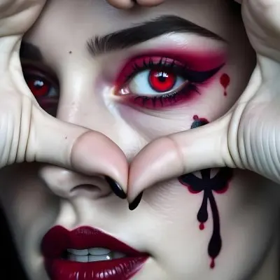 A 22 Year Old White Woman With Red Lips And Heart Tattoos On Her Face Making A Heart With Her Hands Studio Background 20 8ec8