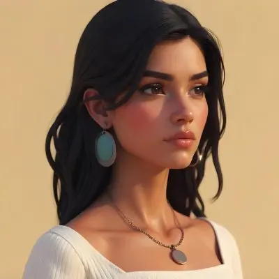 A 23 Year Old Hispanic Woman With Dark Skin Dark Hair Wearing A White Top And Jewelry Looking To The Right In A Beige Background 1 33e3