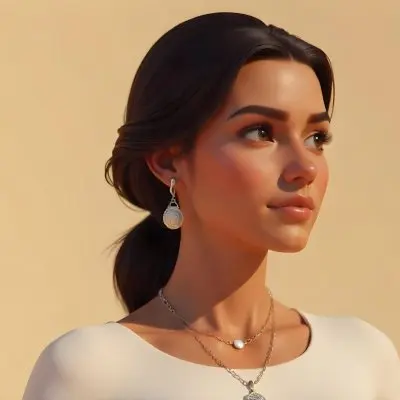 A 23 Year Old Hispanic Woman With Dark Skin Dark Hair Wearing A White Top And Jewelry Looking To The Right In A Beige Background 11 6f5e