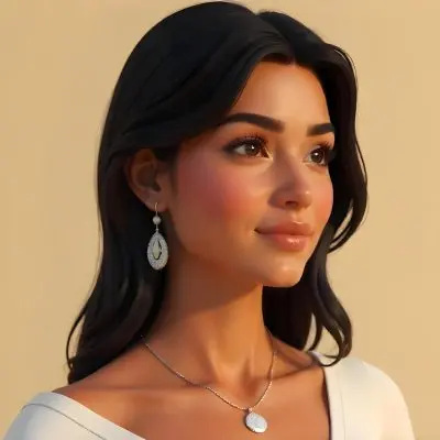 A 23 Year Old Hispanic Woman With Dark Skin Dark Hair Wearing A White Top And Jewelry Looking To The Right In A Beige Background 12 9e57