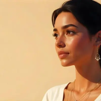 A 23 Year Old Hispanic Woman With Dark Skin Dark Hair Wearing A White Top And Jewelry Looking To The Right In A Beige Background 13 3449