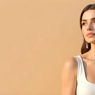 A 23 Year Old Hispanic Woman With Dark Skin Dark Hair Wearing A White Top And Jewelry Looking To The Right In A Beige Background 18 0fb1