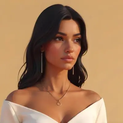 A 23 Year Old Hispanic Woman With Dark Skin Dark Hair Wearing A White Top And Jewelry Looking To The Right In A Beige Background 2 7161
