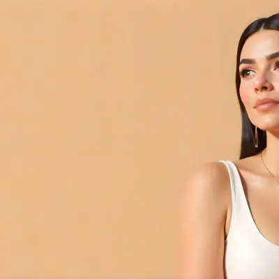A 23 Year Old Hispanic Woman With Dark Skin Dark Hair Wearing A White Top And Jewelry Looking To The Right In A Beige Background 24 0931