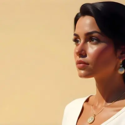 A 23 Year Old Hispanic Woman With Dark Skin Dark Hair Wearing A White Top And Jewelry Looking To The Right In A Beige Background 5 650f