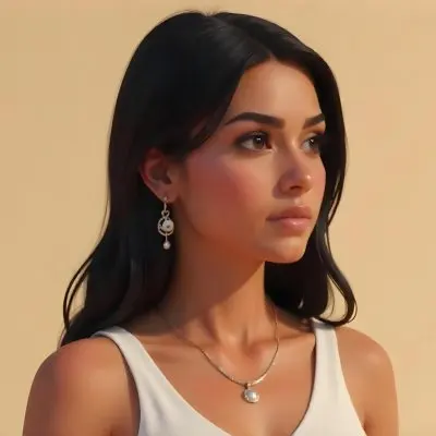 A 23 Year Old Hispanic Woman With Dark Skin Dark Hair Wearing A White Top And Jewelry Looking To The Right In A Beige Background 7 F0ac