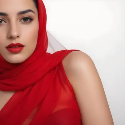 A 23 Year Old Middle Eastern Woman With Red Lipstick And A White Veil In A White Background 32 6e38