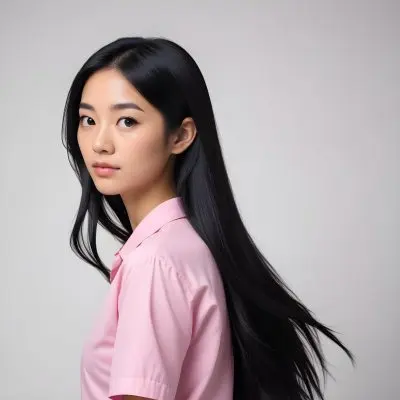 A 25 Year Old Asian Woman With Long Black Hair Pink Shirt Looking Over Her Shoulder In A White Background 13 14fb