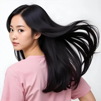 A 25 Year Old Asian Woman With Long Black Hair Pink Shirt Looking Over Her Shoulder In A White Background 15 0663