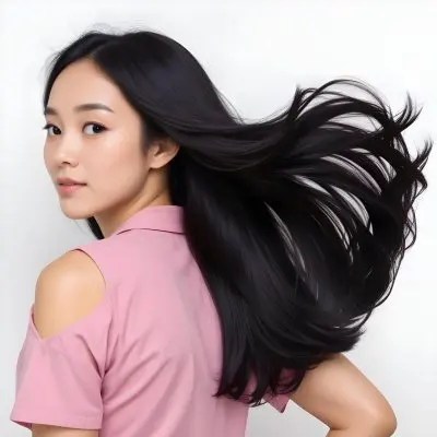 A 25 Year Old Asian Woman With Long Black Hair Pink Shirt Looking Over Her Shoulder In A White Background 18 B8b1
