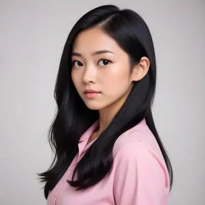 A 25 Year Old Asian Woman With Long Black Hair Pink Shirt Looking Over Her Shoulder In A White Background 2 Eeaa