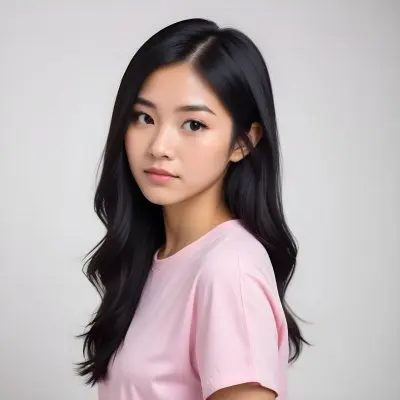 A 25 Year Old Asian Woman With Long Black Hair Pink Shirt Looking Over Her Shoulder In A White Background 20 F672