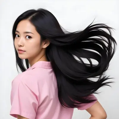 A 25 Year Old Asian Woman With Long Black Hair Pink Shirt Looking Over Her Shoulder In A White Background 22 Aa74