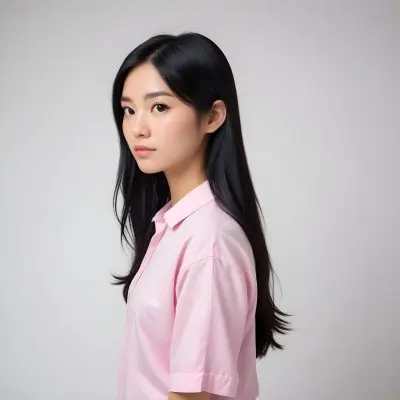 A 25 Year Old Asian Woman With Long Black Hair Pink Shirt Looking Over Her Shoulder In A White Background 27 1f85