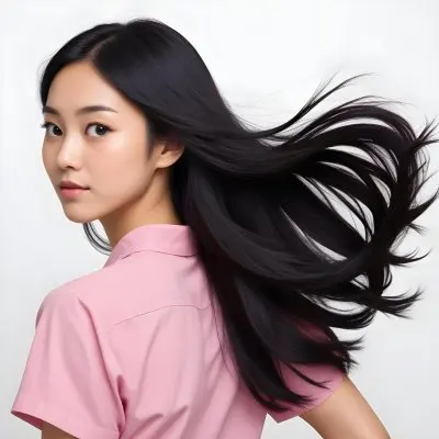 A 25 Year Old Asian Woman With Long Black Hair Pink Shirt Looking Over Her Shoulder In A White Background 28 88e5