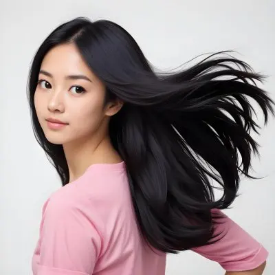 A 25 Year Old Asian Woman With Long Black Hair Pink Shirt Looking Over Her Shoulder In A White Background 31 6c97