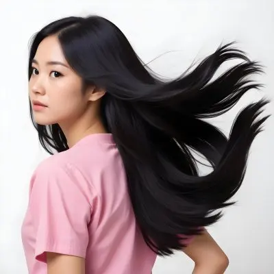 A 25 Year Old Asian Woman With Long Black Hair Pink Shirt Looking Over Her Shoulder In A White Background 33 90ae